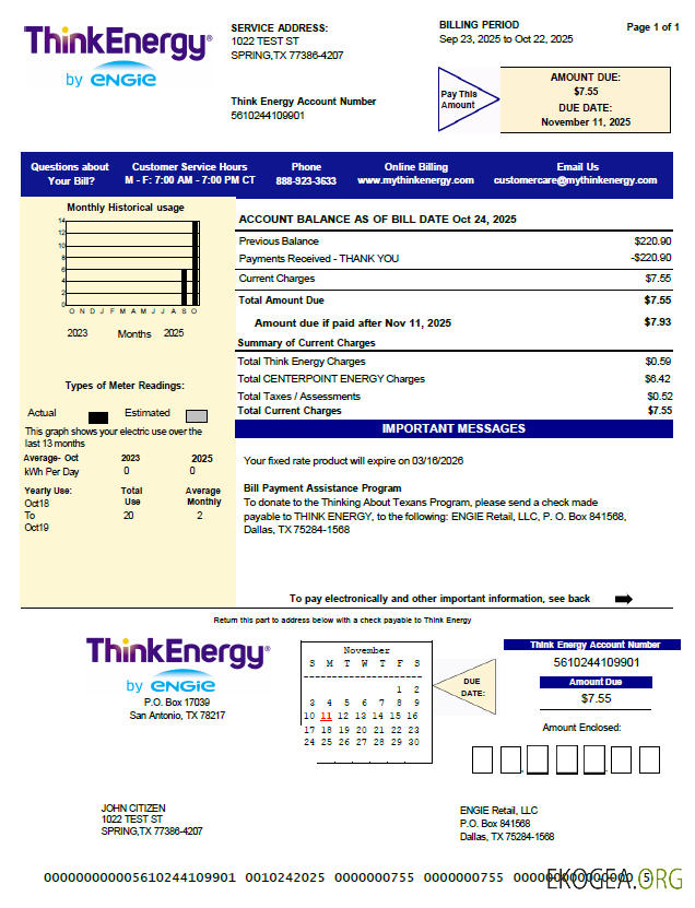 USA Think Energy utility bill template in Word and PDF formats, version 2